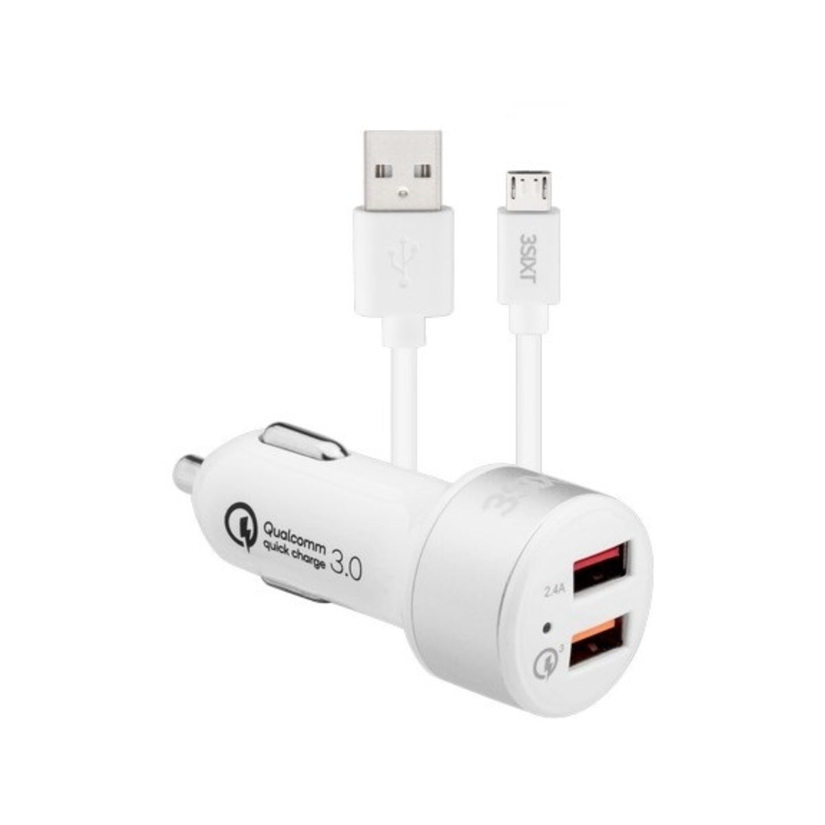 3sixT Fast Car Charger 5.4A Dual Port USB Adapter with 1m Micro USB Cable - Quick Charge for iPhone Android Smartphones While Driving