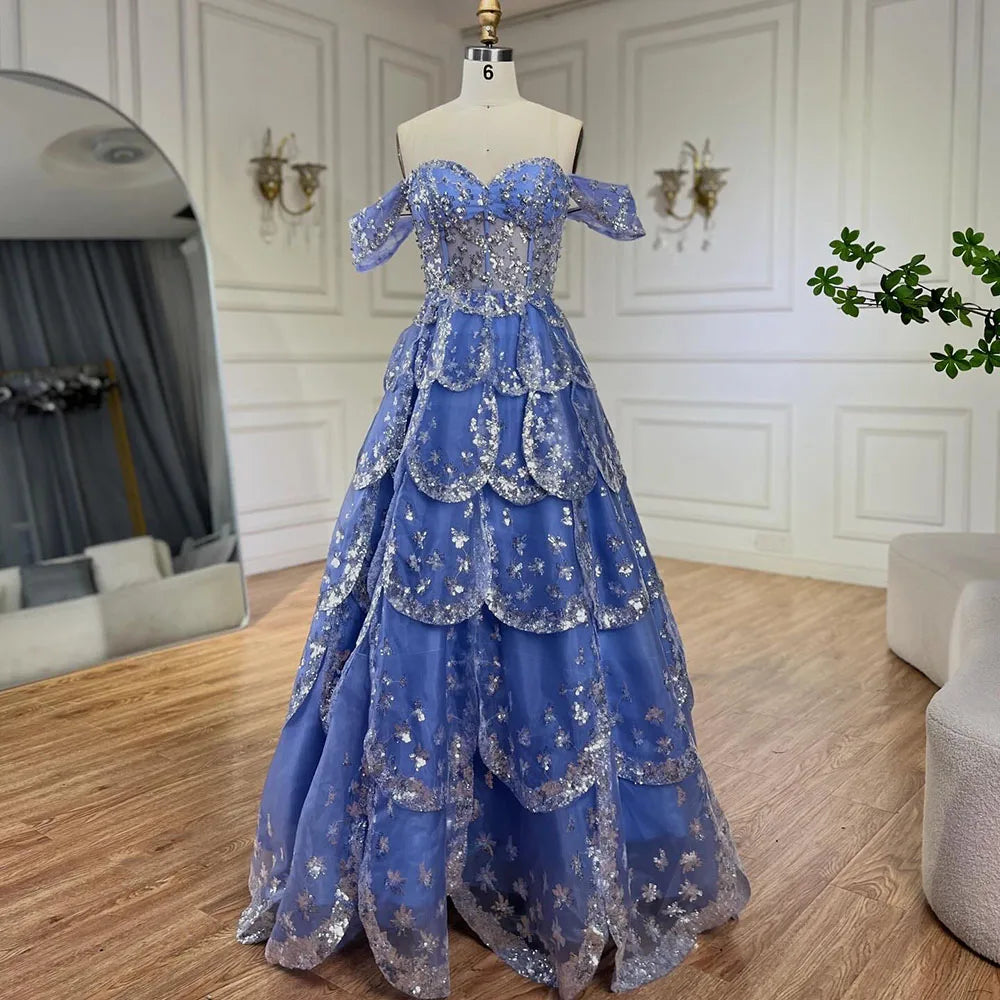 Luxury Beaded Blue A-Line Evening Gown for Women - Arabic Dubai Inspired Wedding Party Dress 2025 | Elegant Formal Gowns for Prom, Bridal Shower & Special Occasions