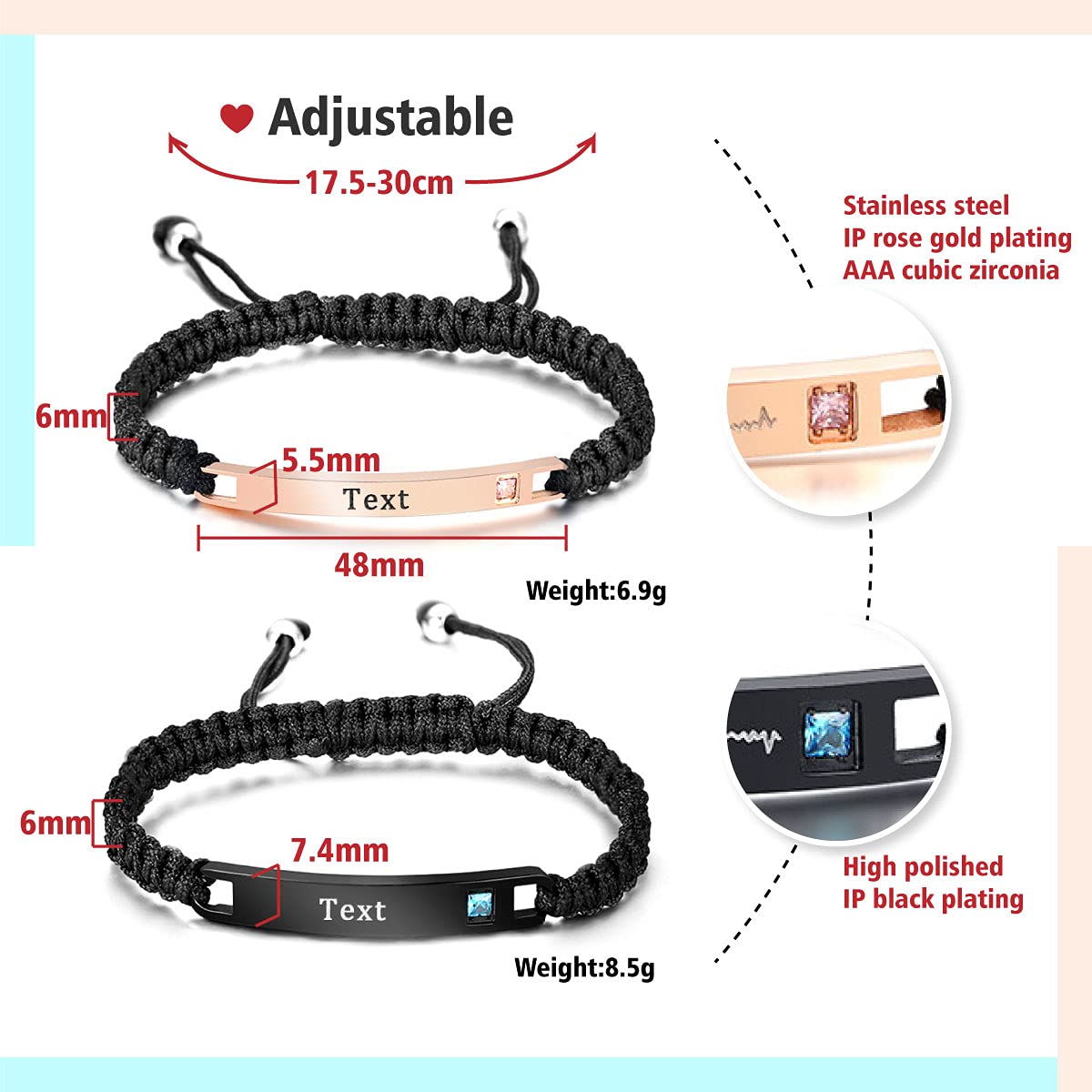 ShineSand Personalized Couples Bracelet for Women & Men - Custom Engraved Name Bracelet with Romantic Promise Words - Matching Relationship Bracelets Set - Thoughtful Customized Gift for Him & Her (Perfect for Anniversaries, Valentine's Day & Romantic Occasions)