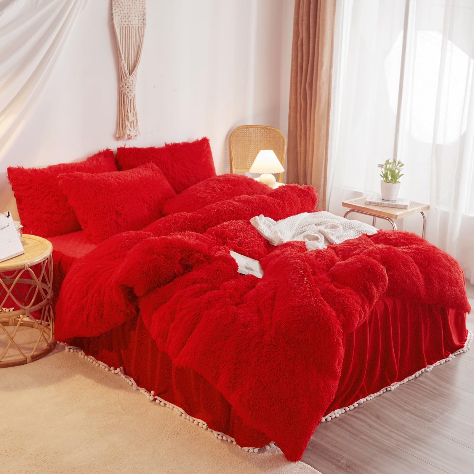 Fluffy Red Comforter Cover Set Queen Size - Plush 3-Piece Bedding Set (1 Faux Fur Duvet Cover + 2 Fuzzy Pillowcases) - Ultra Soft Red Bed Set for Cozy Winter Nights - Perfect for Master Bedroom & Guest Room Decor