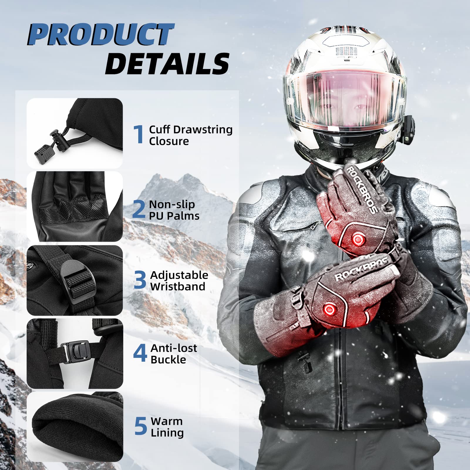 ROCKBROS Electric Heated Gloves for Men & Women - Rechargeable Battery Thermal Mittens, Waterproof & Touchscreen Compatible - Winter Warm Gloves for Cycling, Skiing, Snowboarding & Outdoor Activities in Cold Weather