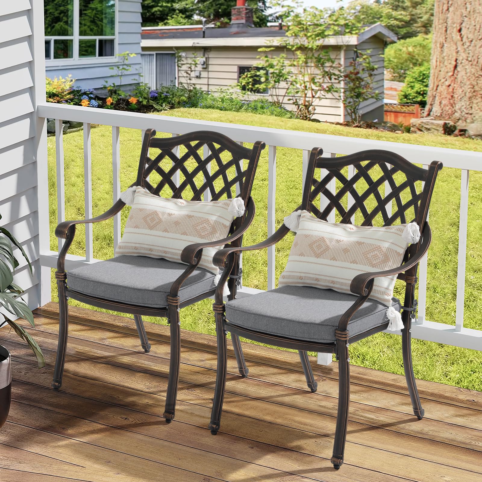 JOIVI 2-Piece Cast Aluminum Patio Chairs Set with Cushions & Armrests - Outdoor Dining Metal Chairs for Garden, Backyard, Lawn or Indoor Use - Durable Lattice Design for Relaxing & Entertaining