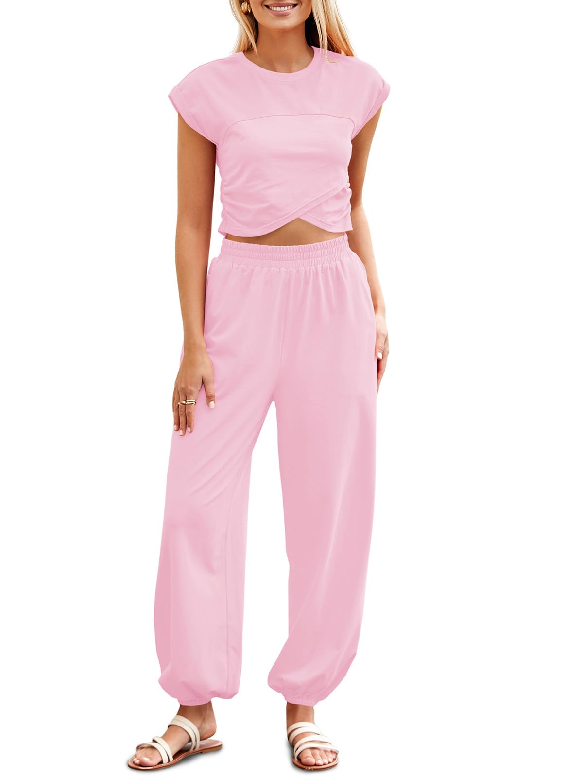 Fisoew Women's Casual Two Piece Outfits - Soft Lounge Sets with Crop Top & Joggers Pants, Comfortable Tracksuit with Pockets for Home, Yoga, and Running | Perfect for Relaxing and Workout
