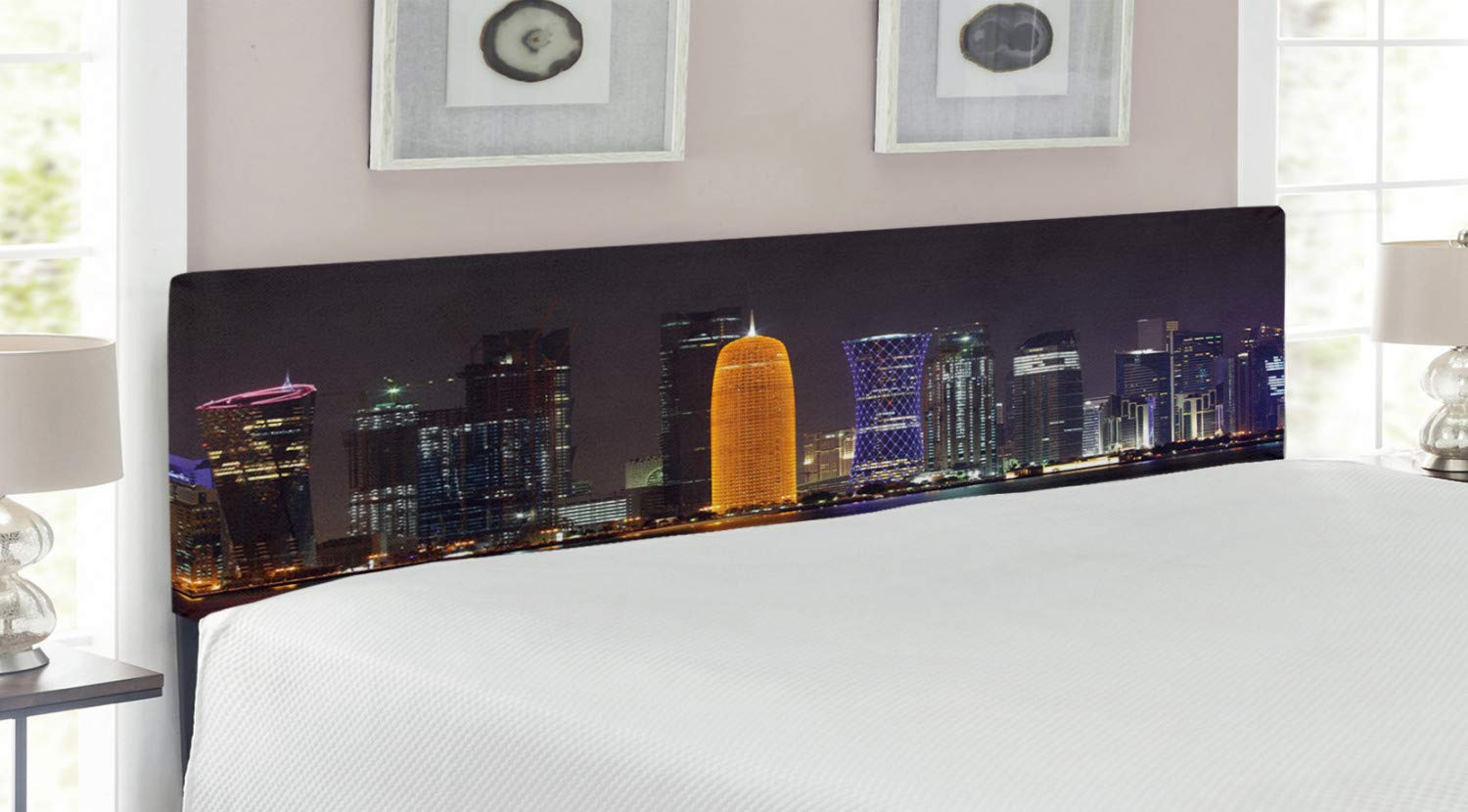 Ambesonne Urban Headboard - Qatar Middle East Cityscape with Glowing Skyscrapers Night View, Upholstered Decorative Metal Bed Frame with Memory Foam, King Size, Charcoal Grey & Orange - Perfect for Modern Bedroom Decor & Apartment Styling