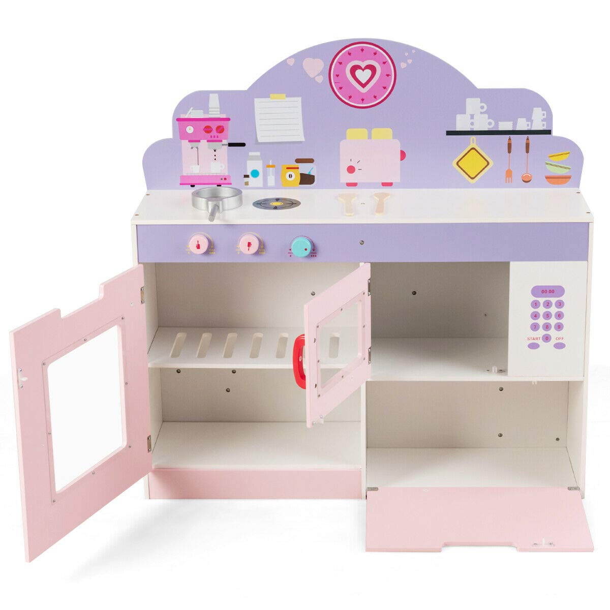 Costzon 2-in-1 Kids Play Kitchen & Wooden Pretend Cafe Set with Stove, Oven, Microwave & Storage - Interactive Cooking Toy for Toddlers & Preschoolers - Perfect for Role Play, Birthday Gifts & Indoor Pretend Play (Pink)