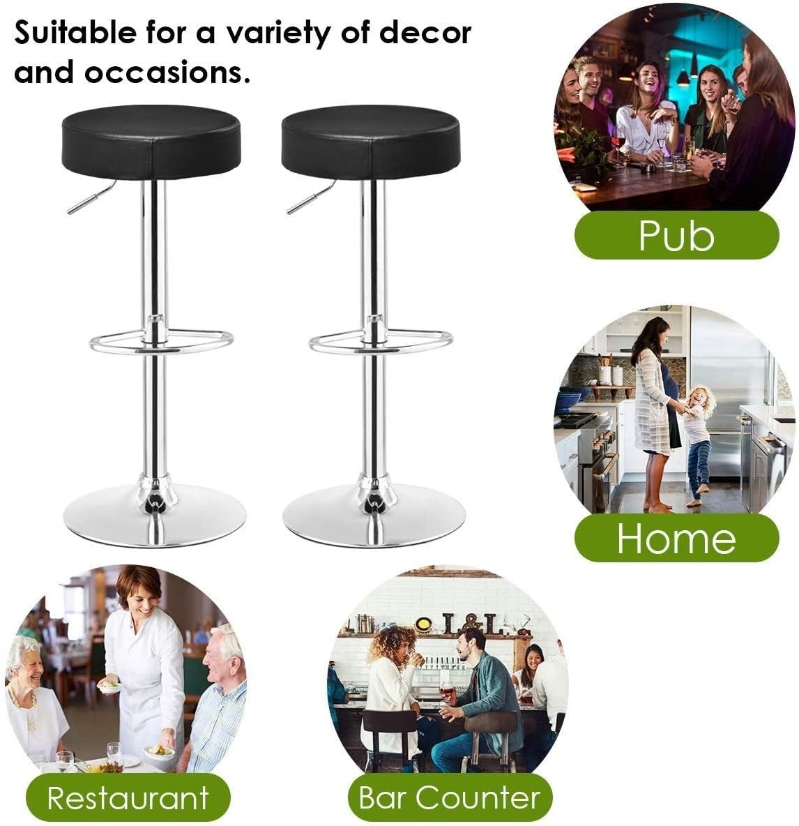 WATERJOY Adjustable Round Bar Stools Set of 2, PU Seat Swivel Bar Stool with Footrest - Modern Kitchen Island & Home Bar Seating for Dining & Entertainment
