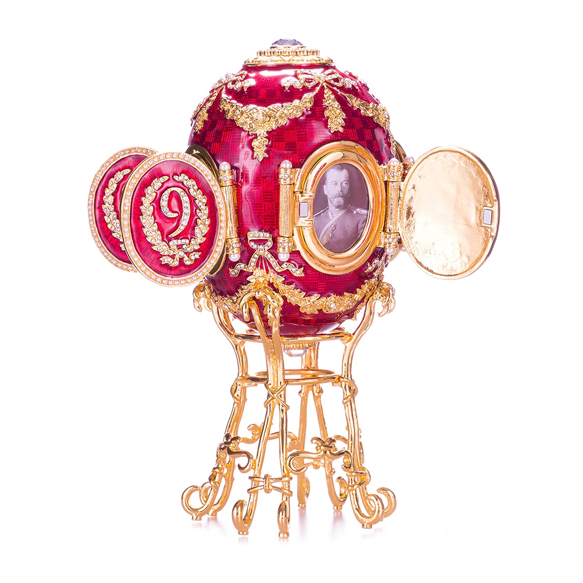 Danila-Souvenirs Faberge Style Caucasus Egg Jewelry Box with Photo Frames - 7.2 Inch (18 cm) Red Handmade Trinket Box - Perfect for Gift Giving, Home Decor & Jewelry Storage