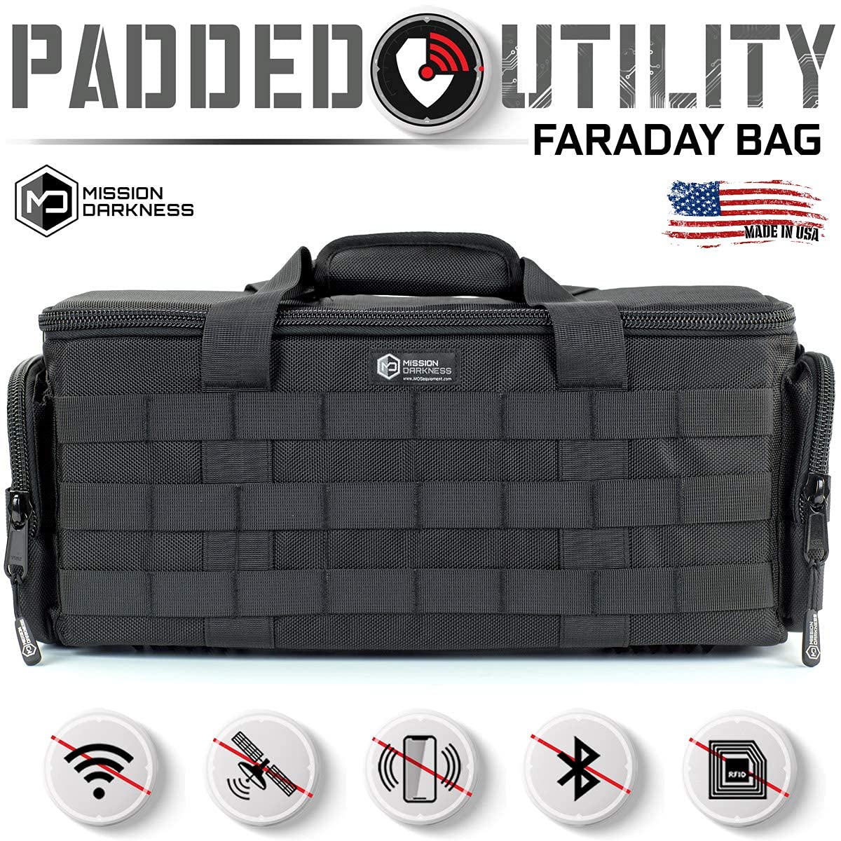 Mission Darkness Faraday Bag - RF Signal Blocking Padded Utility Bag with MOLLE Webbing | Shields Electronics from EMP & Hackers | Perfect for Night Vision Goggles, Scopes, Cameras & Phones | Tactical Gear for Military, Survival & Outdoor Use