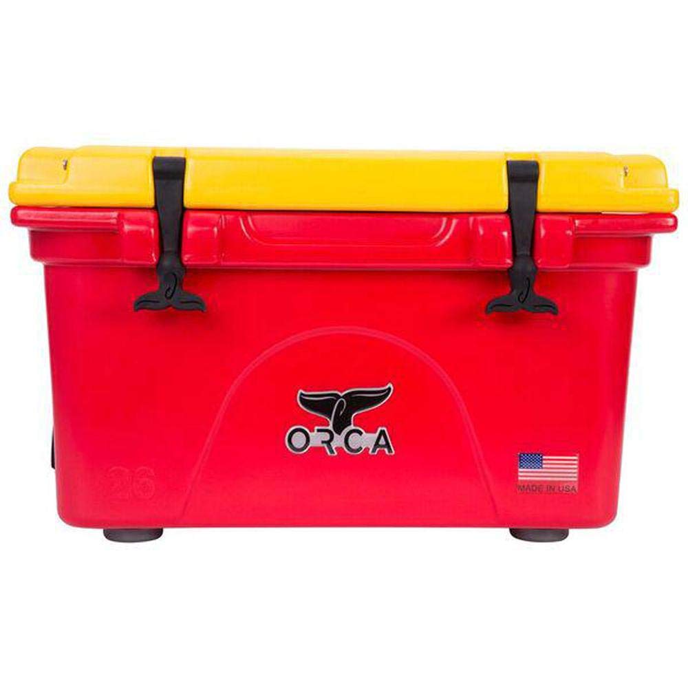 ORCA ORCRE/YE026 26 Quart Cooler with Extendable Flex-Grip Handles - Portable & Comfortable for Solo or Tandem Portage - Red/Yellow - Perfect for Camping, Beach Trips, Fishing & Outdoor Adventures