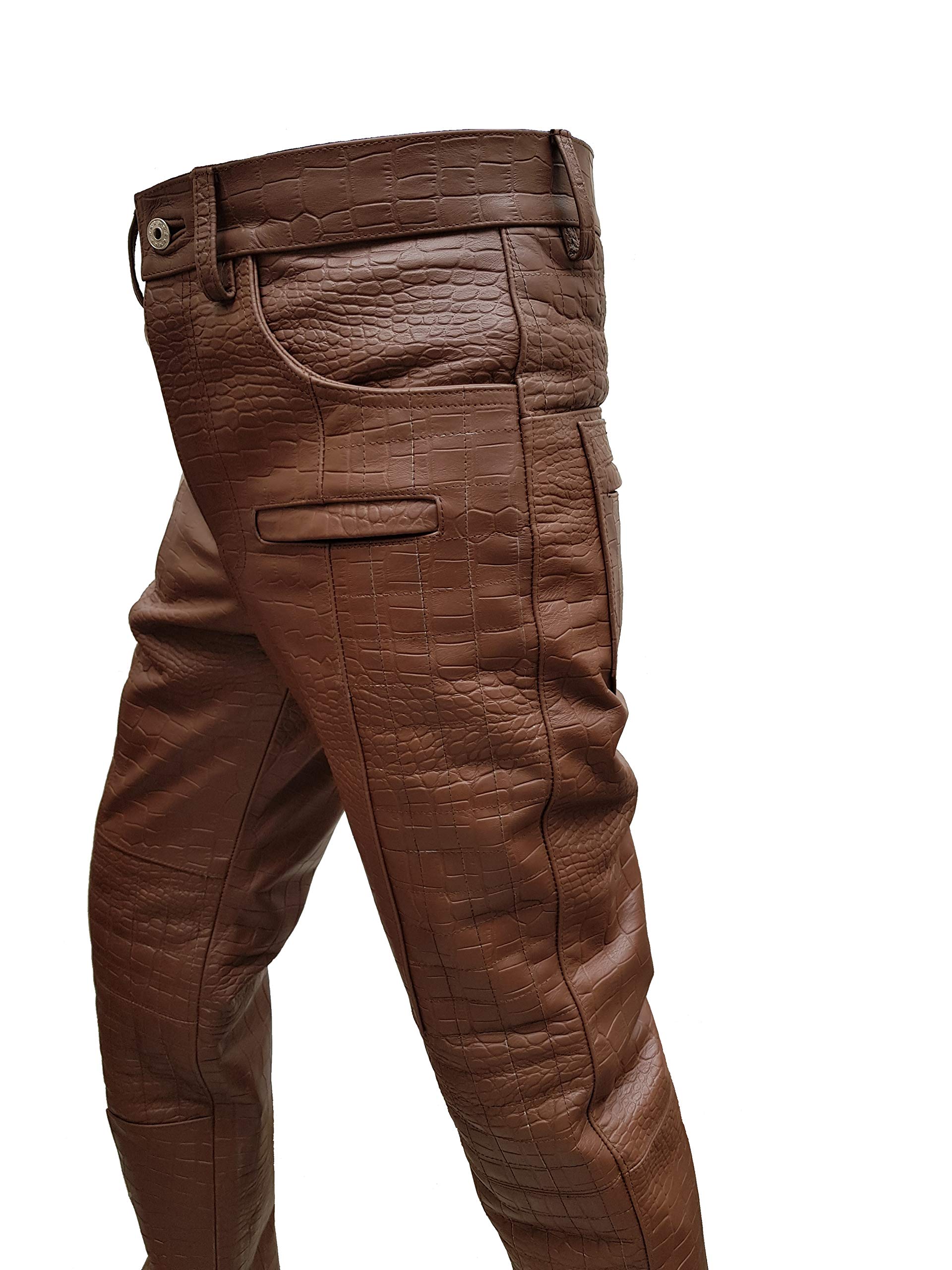 Black Korel Men's Brown Crocodile Print Leather Quilted Motorcycle Biker Jeans - Stylish & Durable Riding Pants for Harley Davidson & Cruiser Bikes - Perfect for Motorcycle Enthusiasts & Urban Fashion