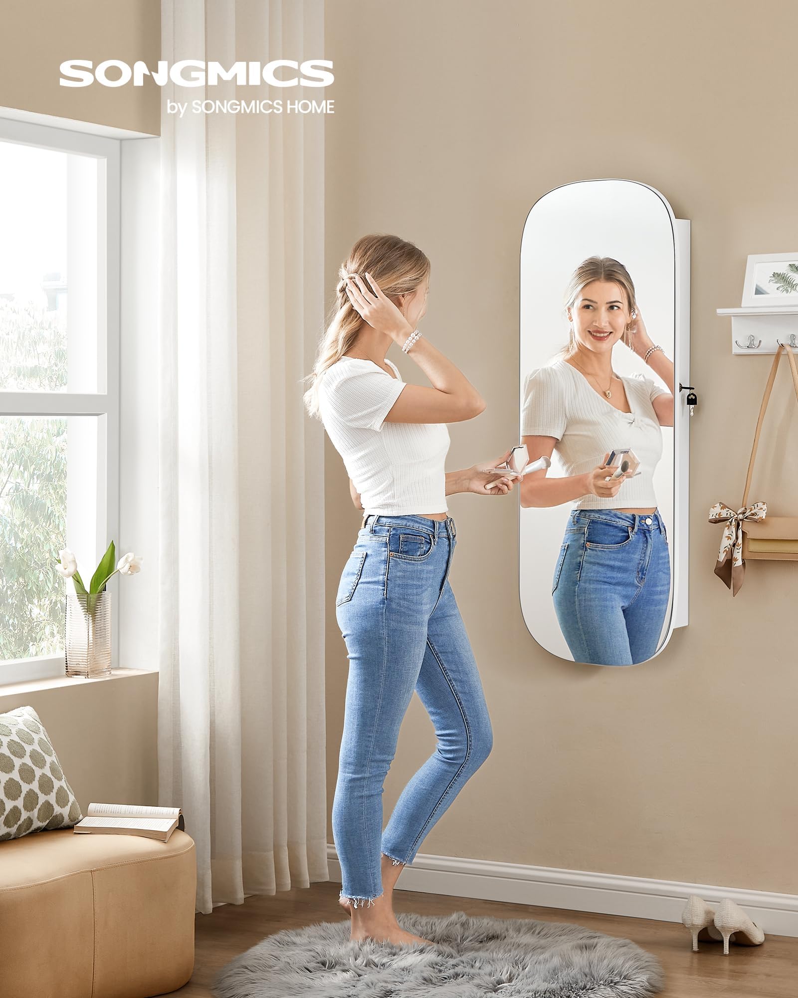 SONGMICS LED Jewelry Organizer Cabinet with Lockable Mirror - Wall or Door Mounted Jewelry Storage, 3.9 x 16.5 x 42.5 Inches, White with Greige Lining - Perfect for Bedroom, Closet, or Dressing Room Organization