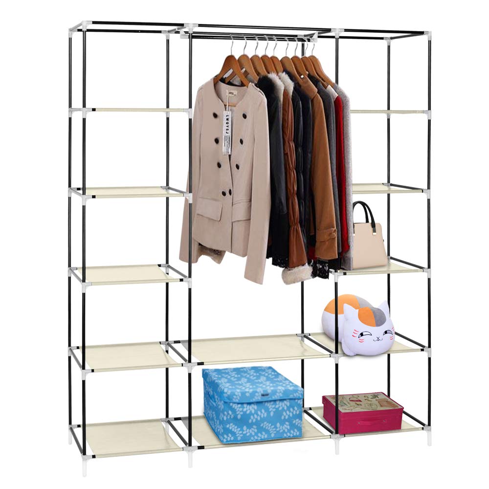 Portable Wardrobe Closet Organizer with Double Rod & 12 Shelves - 69-Inch Large Clothes Storage Cabinet in Beige | Non-Woven Fabric Armoire for Bedroom, Closet & Dorm Organization | Perfect for Seasonal Clothes, Shoes & Accessories Storage
