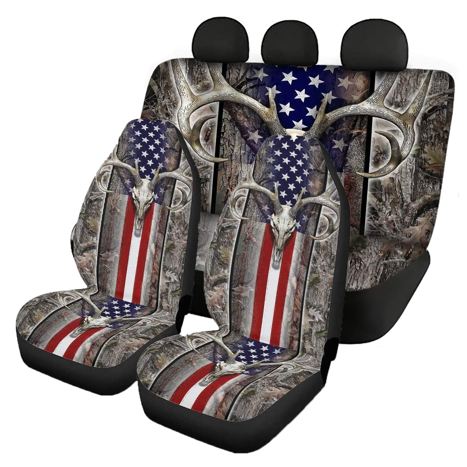 SEANATIVE 4-Piece American Flag & Wood Deer Design Waterproof Car Seat Covers - Universal Fit for Cars, SUVs, Trucks - Front & Rear Seat Protectors for Men & Women | Perfect for Road Trips, Camping & Outdoor Adventures