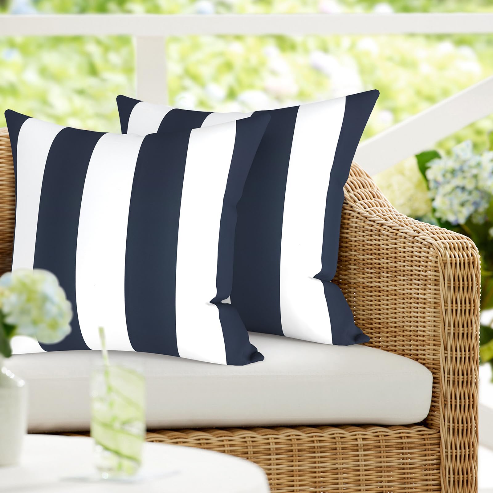 2 Pack Waterproof Outdoor Pillow Covers with Inserts - 18x18 Inch Square Decorative Throw Pillows for Patio Furniture, Sofa, Bench - Cabana Navy Blue - Weather Resistant for Garden, Poolside & Porch Use