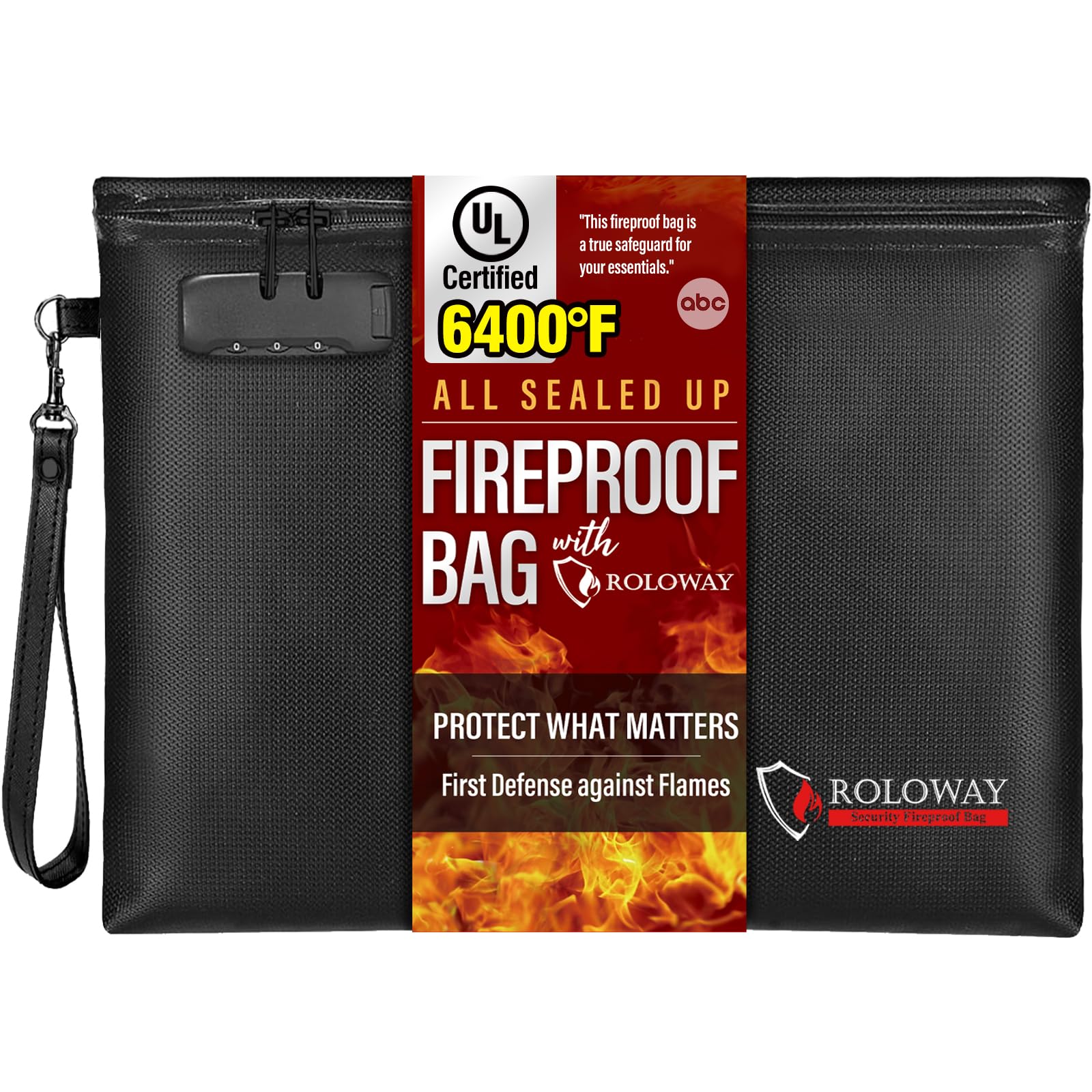 ROLOWAY Fireproof Document Bag 14.5 x 11.5 Inch - 6400℉ Fireproof Money Pouch with Zipper & Lock - Waterproof & Smell Proof Cash Bag for Bankers, Travel & Home Security - Black Fire Safe Storage Solution for Important Documents, Passports & Valuables