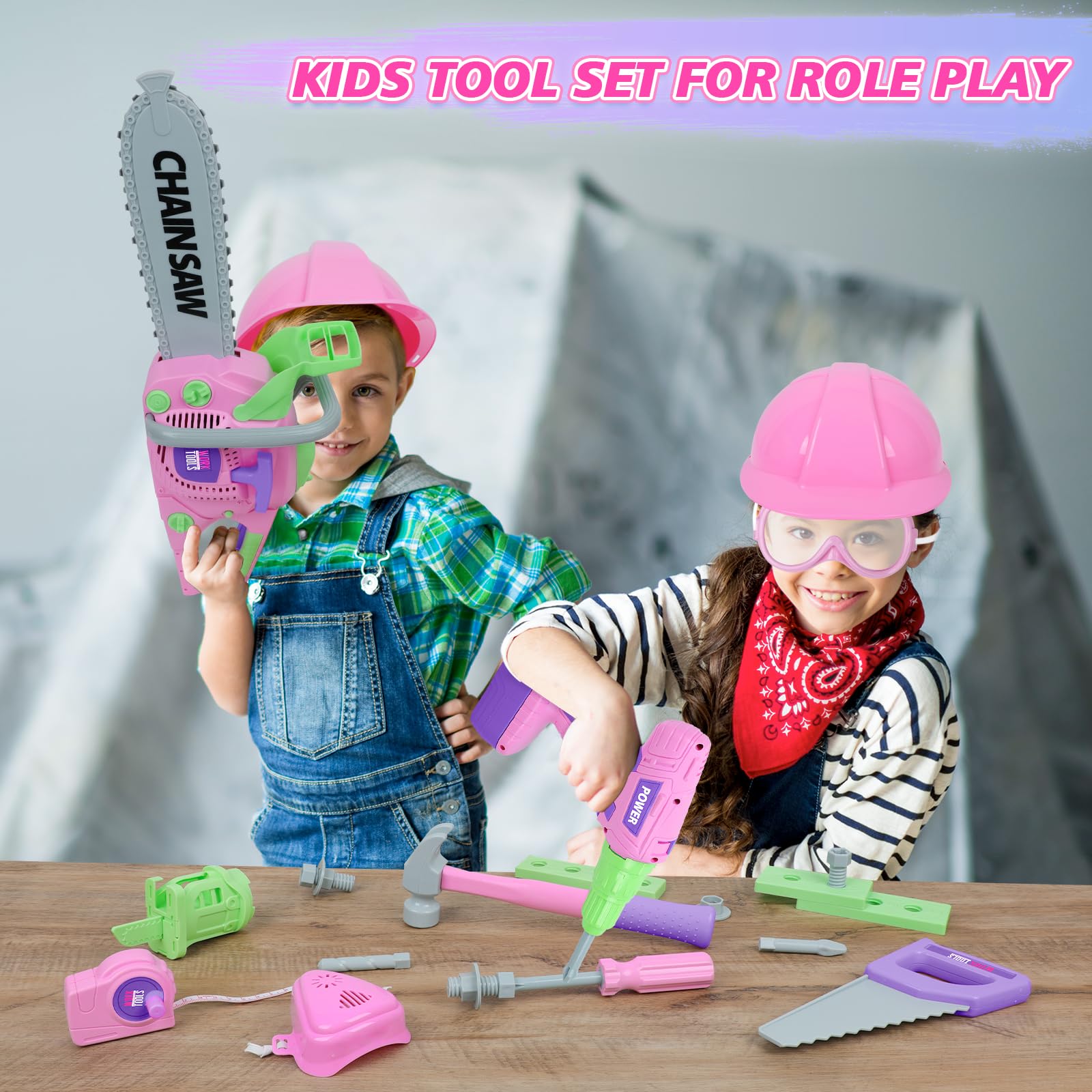 Pink Kids Tool Set for Girls - Toy Chainsaw, Electric Drill & Construction Accessories | STEM Learning Pretend Play Tool Kit for Toddlers Ages 3-7 | Birthday Gift & Indoor Outdoor Playtime Fun