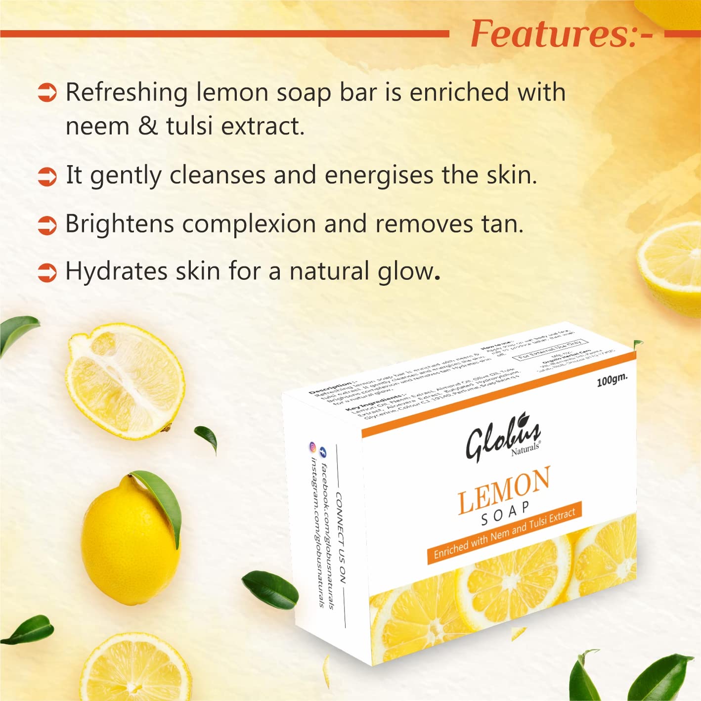 Globus Naturals Lemon Brightening Soap with Neem & Tulsi Extract - 100g (Pack of 2) for Skin Lightening, Acne Treatment & Glowing Complexion | Perfect for Daily Face & Body Cleansing