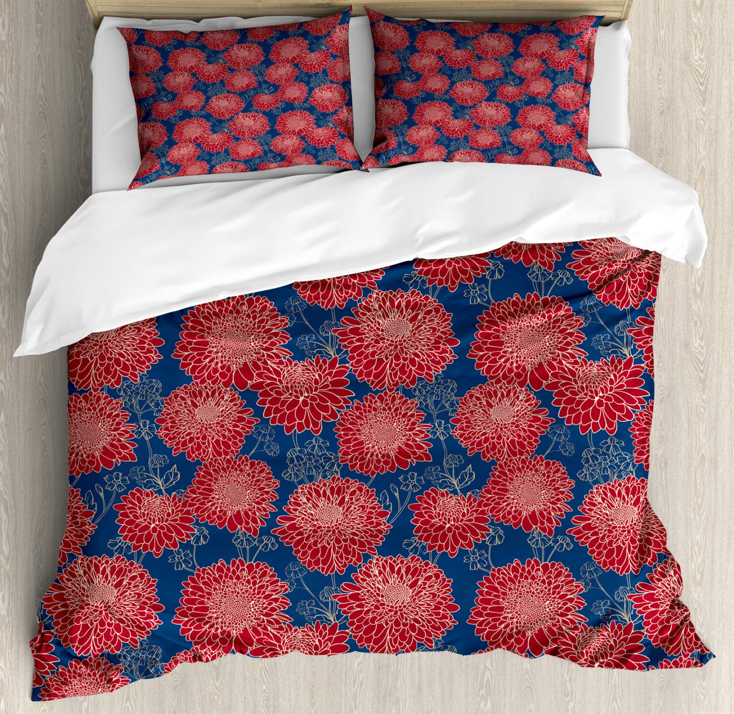 Ambesonne Dahlia Duvet Cover Set - King Size 3-Piece Floral Bedding with 2 Pillow Shams, Ruby & Night Blue Shabby Chic Garden Theme for Master Bedroom Decor, Perfect for Spring Refresh & Feminine Home Styling