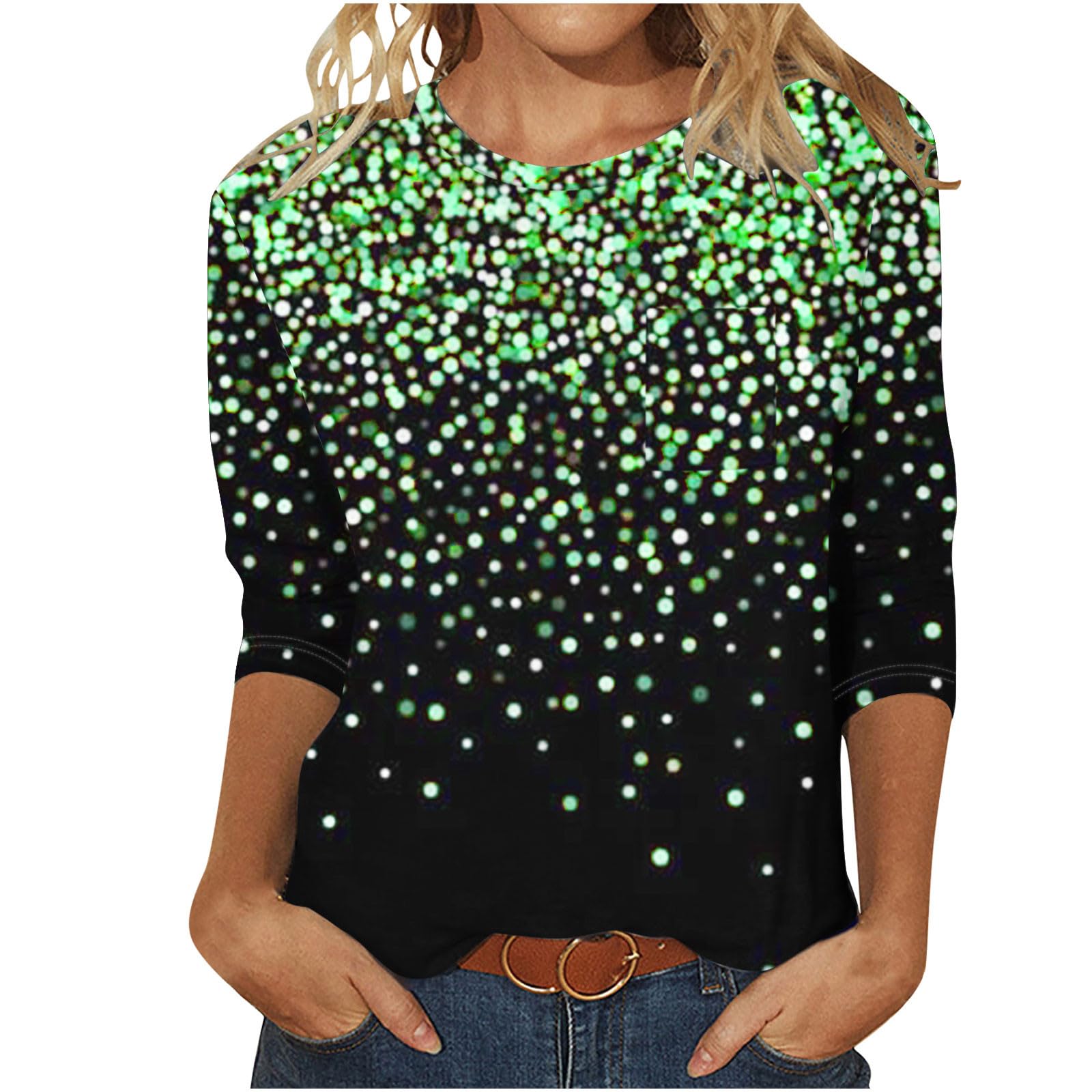 Sparkle Crewneck Tunic Top for Women - 3/4 Sleeve Trendy Summer Shirt, Casual Vacation Dressy Tunic - Perfect for Beach Outings, Date Nights & Office Wear