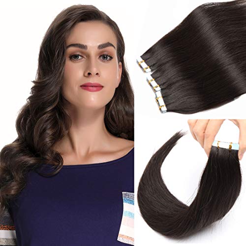 S-noilite 20Pcs 30g Rooted Tape-in Human Hair Extensions - Remy Human Hair Weft, Seamless Skin, Invisible Double Sided Tape, Silky Straight 10 Inch #02 Dark Brown - Perfect for Daily Wear, Parties & Special Occasions