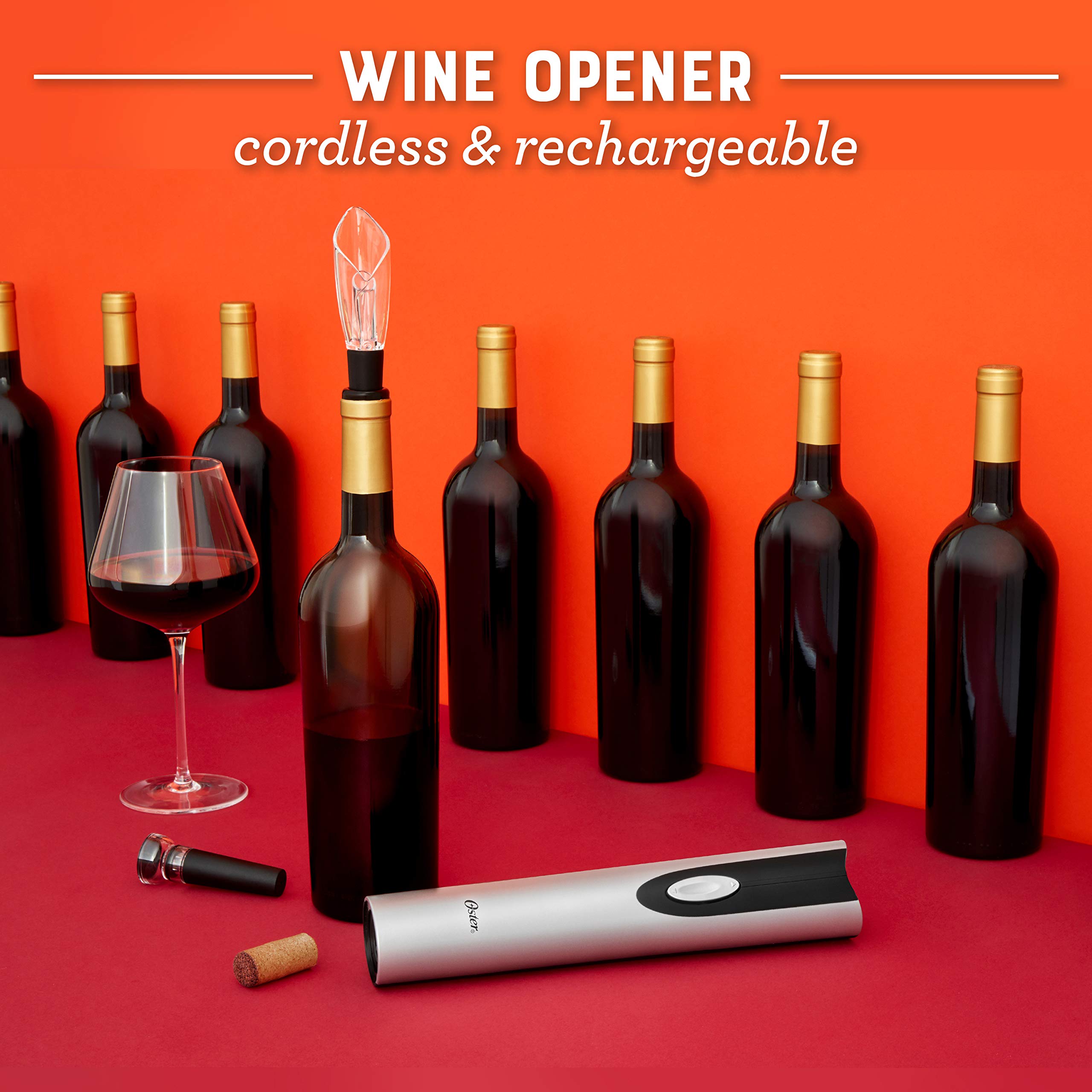 Oster Electric Wine Opener Set with Foil Cutter, Wine Pourer & Vacuum Stoppers - Includes Corkscrew & Charging Base - Perfect for Home Bars, Parties & Wine Lovers (Black)