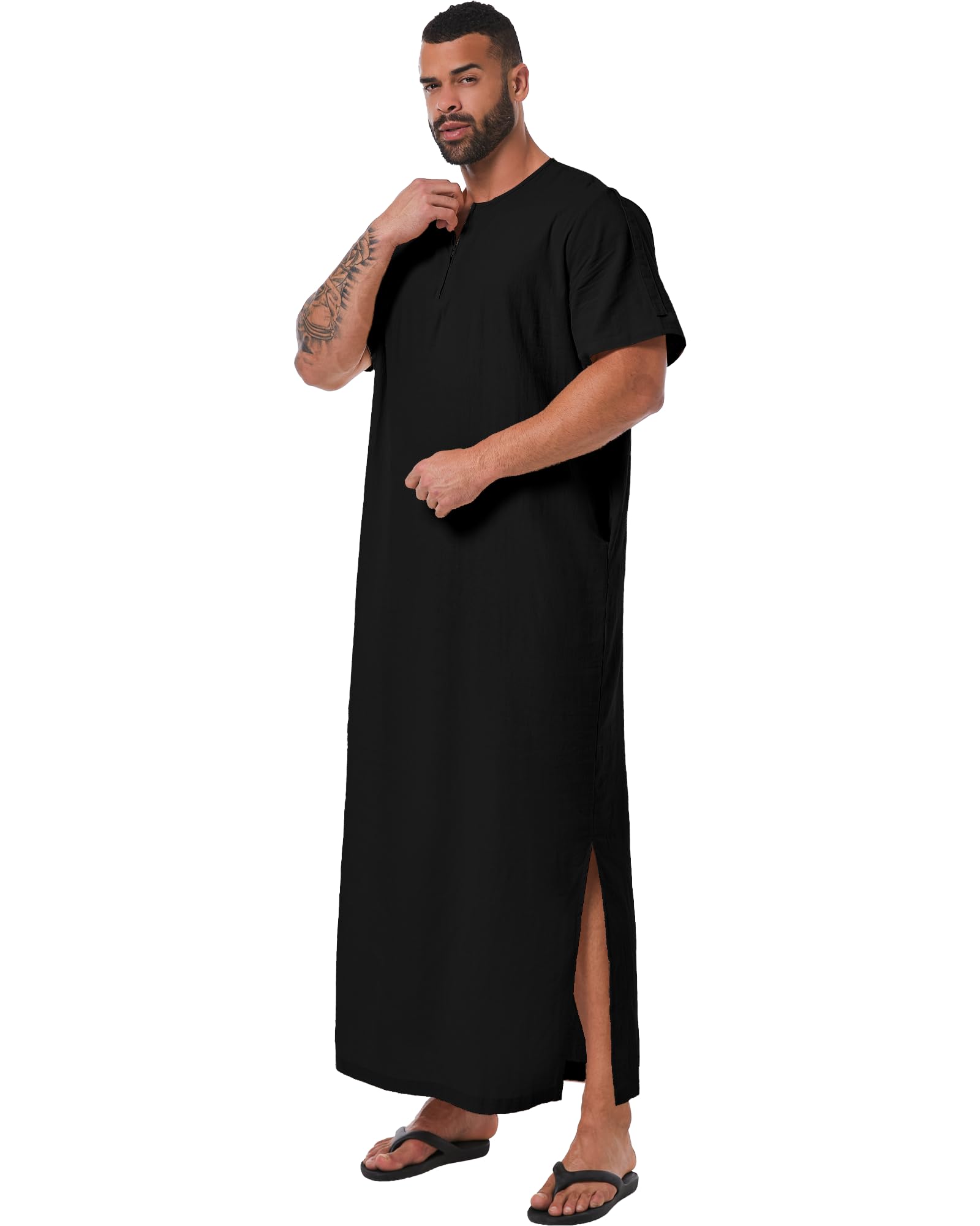 YAOHUOLE Men's Islamic Thobe - Short Sleeve Arabic Robe with Pocket - Traditional Muslim Clothing for Prayer, Eid & Daily Wear