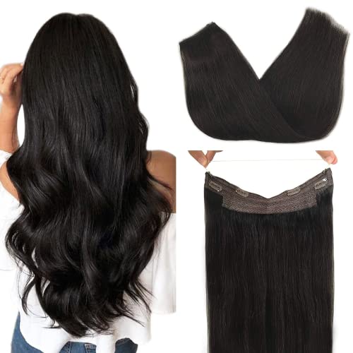 GOO GOO 12 Inch Remy Human Hair Extensions 70g - Natural Black Straight Wire Hair Weft with Invisible Fish Line for Layered Hairstyles | Perfect for Daily Wear, Parties & Special Occasions