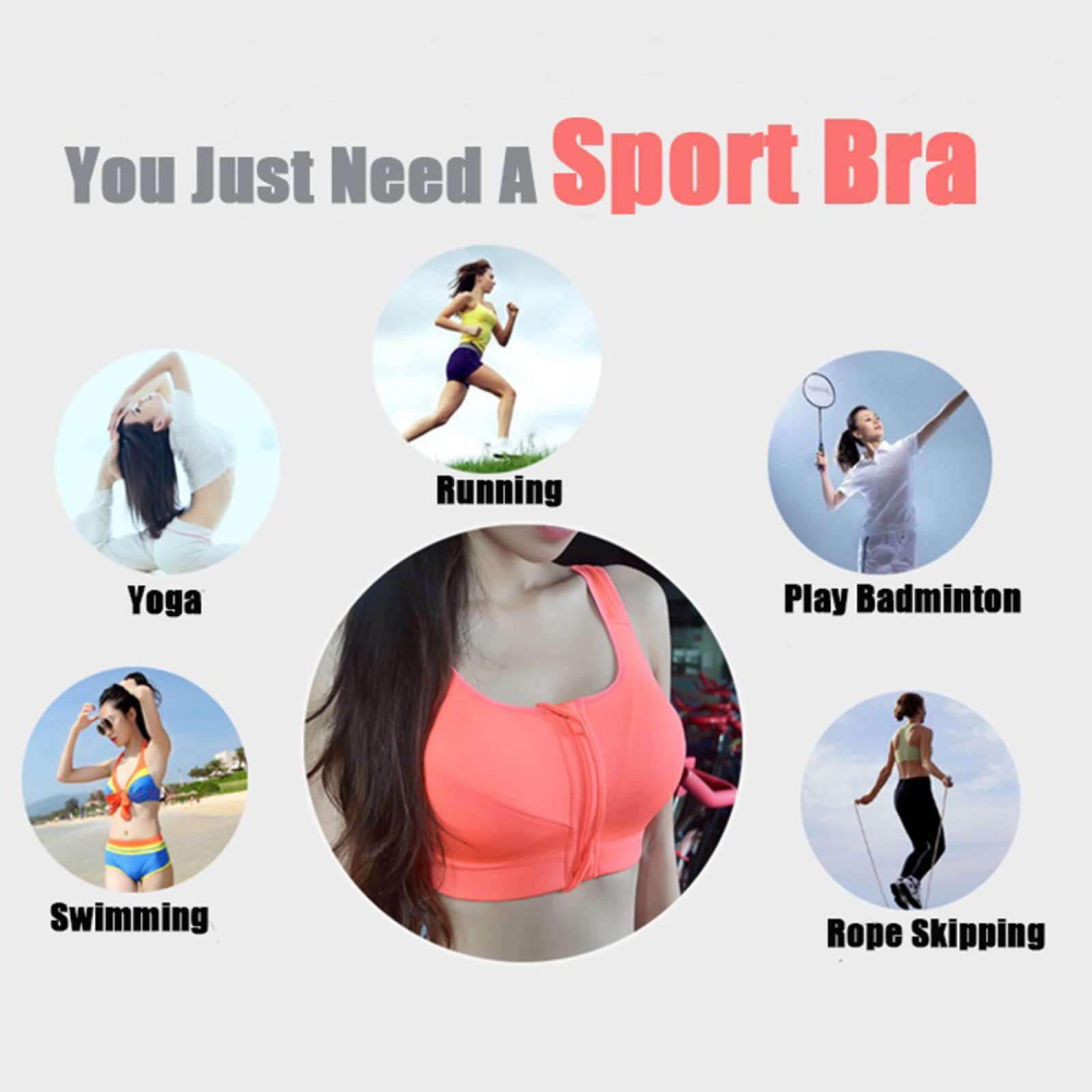 Plus Size Women's High Impact Front Zip Sports Bra - Adjustable Straps & Padded Support for Yoga, Running, Gym Workouts & High-Intensity Training