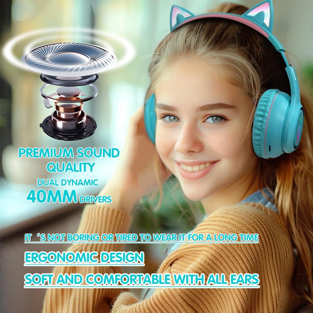 **MIDOLA Cat Ear Wireless Bluetooth Headphones 5.3 with LED Lights - 60H Playtime, Foldable Over-Ear Gaming Headset with Mic for PC, Laptop, Tablet, Phone - Perfect for Gaming, Music & Streaming (Cyan)**