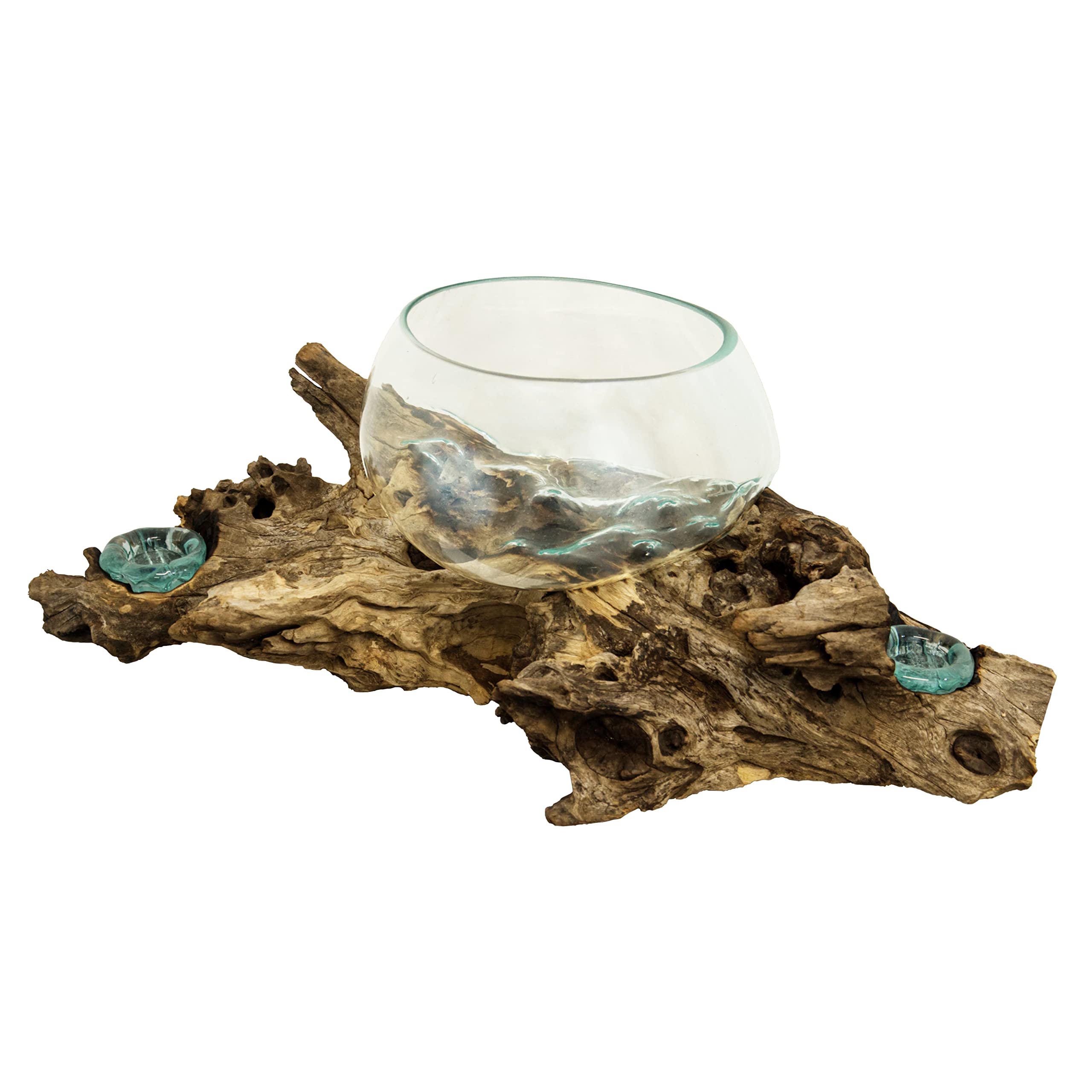 28in Open Mouth Glass Bowl with 2 Candle Holders on Gamal Wood - Elegant Centerpiece for Dining Table Decor, Wedding Reception, and Home Interior Design