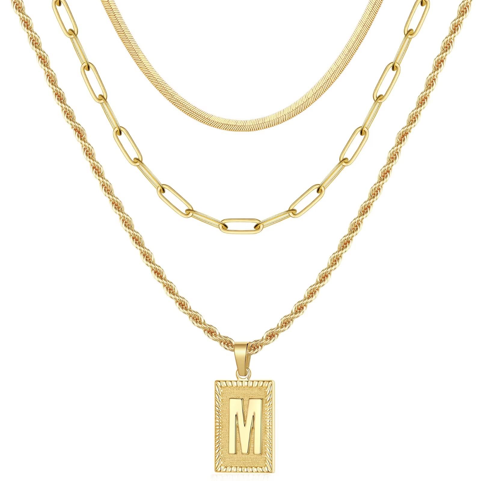 14K Gold Plated Layered Initial Necklaces for Women - Dainty Paperclip Chain, Snake Choker & Rope Chain with Square Pendant | Personalized Letter Jewelry Gift for Her | Perfect for Date Night, Anniversary & Everyday Elegance