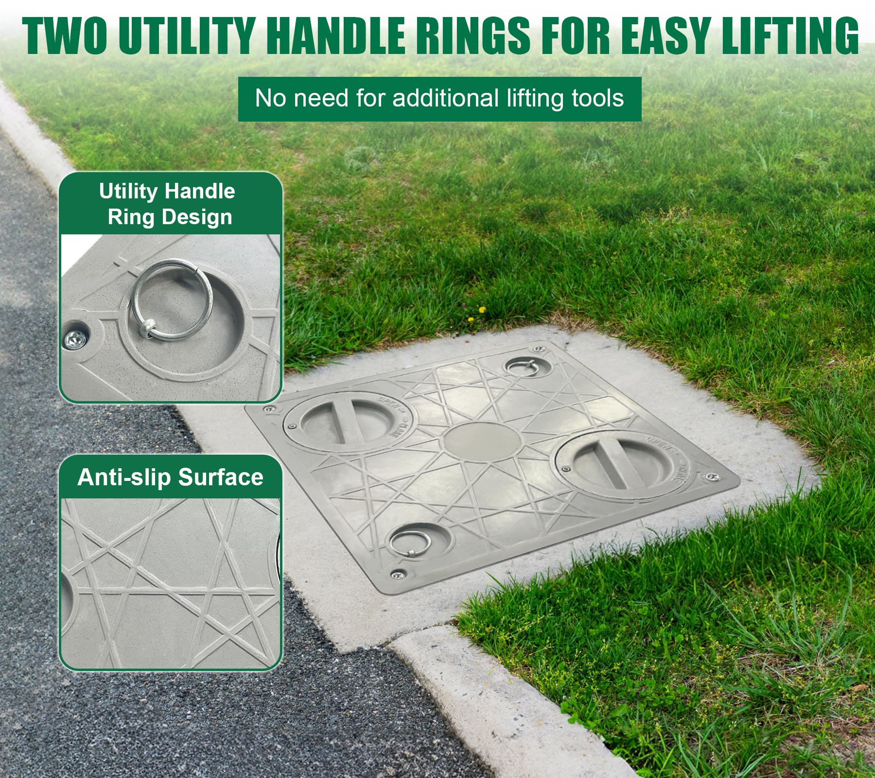 20x20in Lockable Anti-Theft FRP Manhole Cover with 2 Pipe Holes - 24x24in Reinforced Steel Sewer Cover Frame - Non-Slip Recessed Square Septic Tank Lid with Handles for Underground Utility Access, Drainage Systems & Stormwater Management