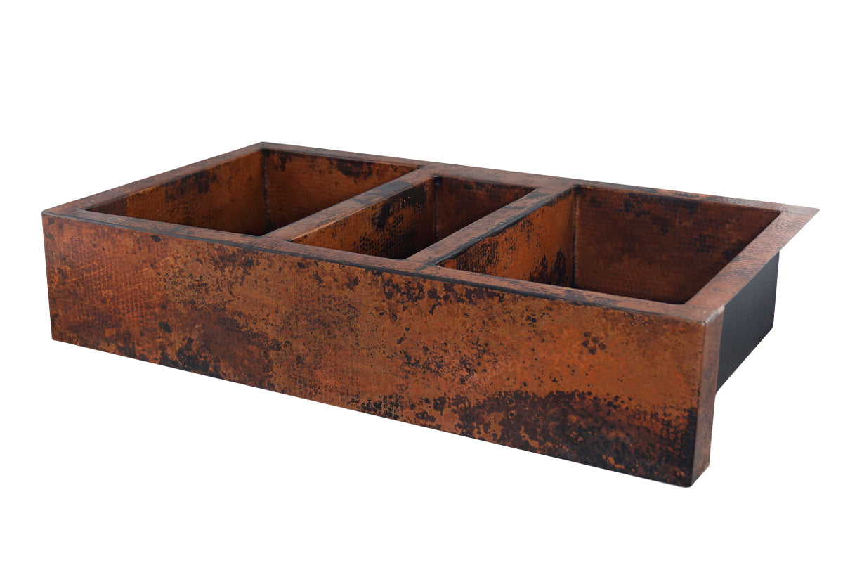 Extra Large Copper Farmhouse Sink with Triple Bowl - Vintage Style Kitchen Sink for Rustic & Modern Homes - Perfect for Cooking, Cleaning & Entertaining
