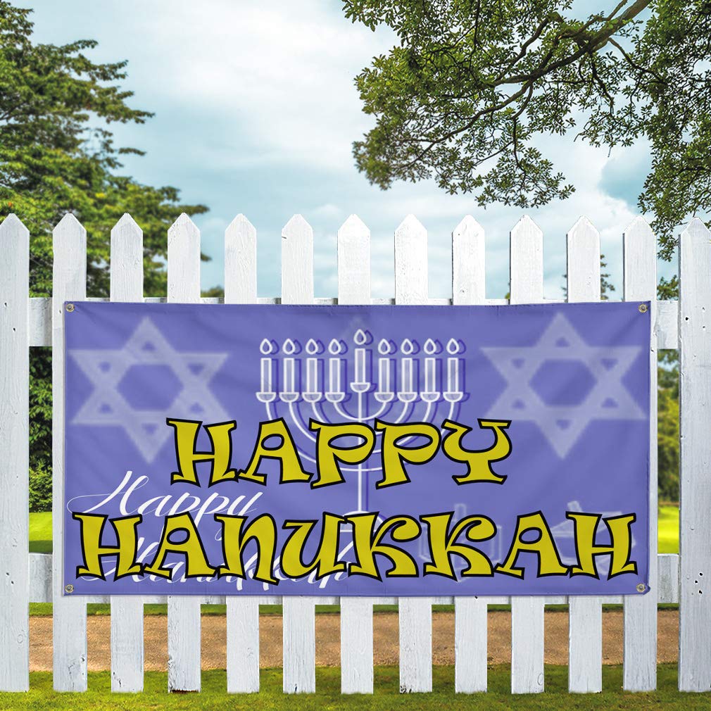 Happy Hanukkah Vinyl Banner - 48x96 Inches Weatherproof Outdoor Sign with 8 Grommets (Multiple Sizes Available) - Perfect for Holiday Decorations, Yard Signs, Store Advertising & Party Backdrops