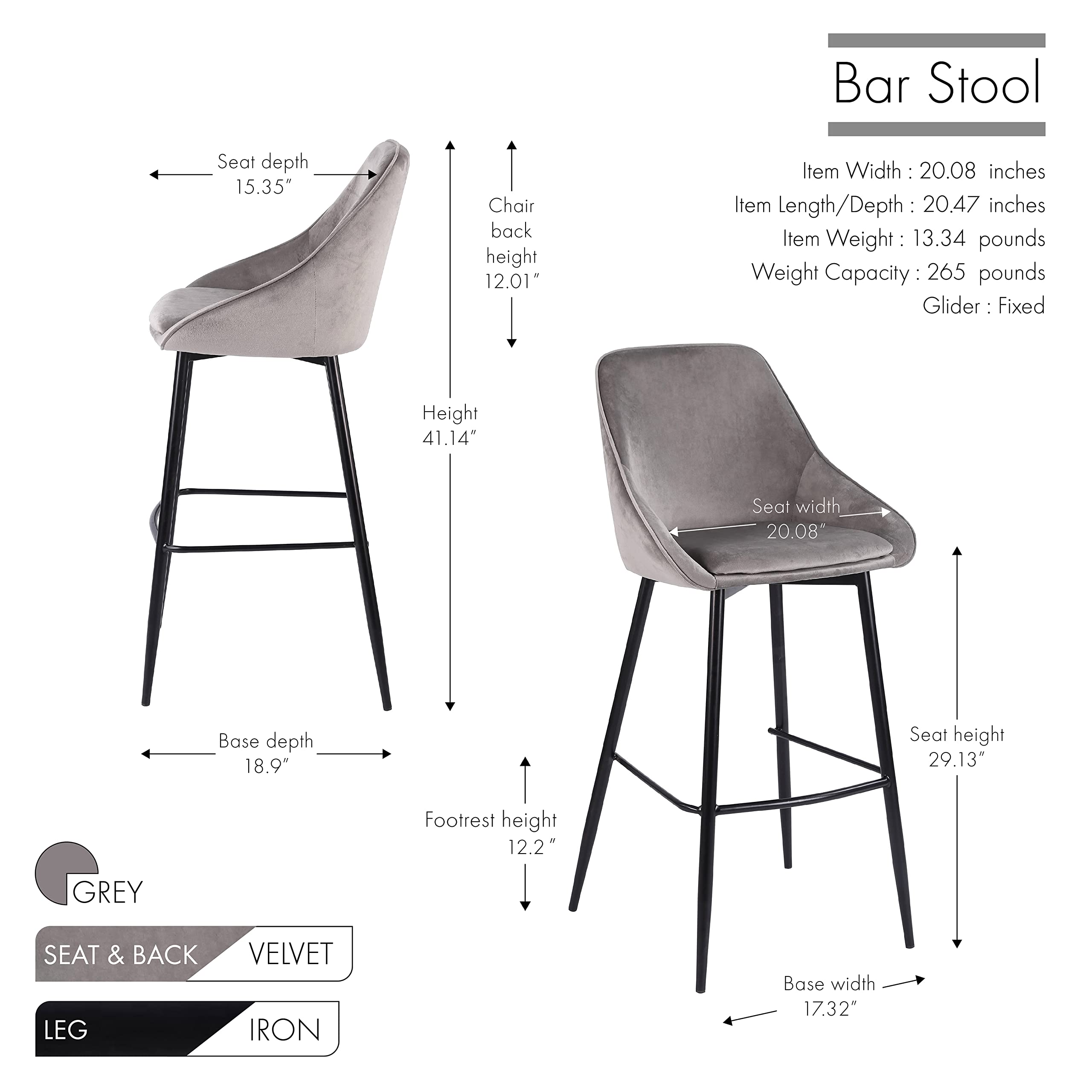 Porthos Home Ugo Bar Stools Set of 2 - Low Back Armrest Bar Chairs with Soft Velvet Upholstery & Sturdy Iron Legs - Comfortable Counter Height Stools with Footrest - Perfect for Kitchen Island, Breakfast Nook, and Home Bar Decor
