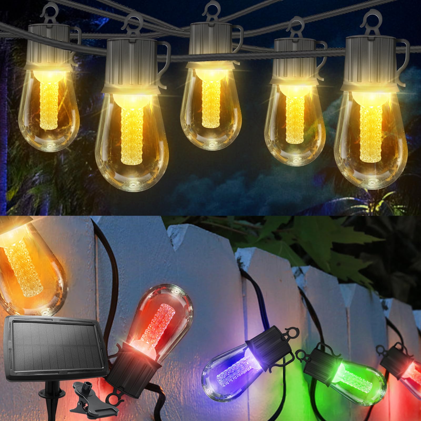 50ft Solar String Lights Outdoor Waterproof - Color Changing & Warm White Solar Powered Patio Lights with 25 Shatterproof S14 Bulbs, USB Charging - Perfect for Halloween Decorations, Garden, Backyard, Wedding & Party Lighting