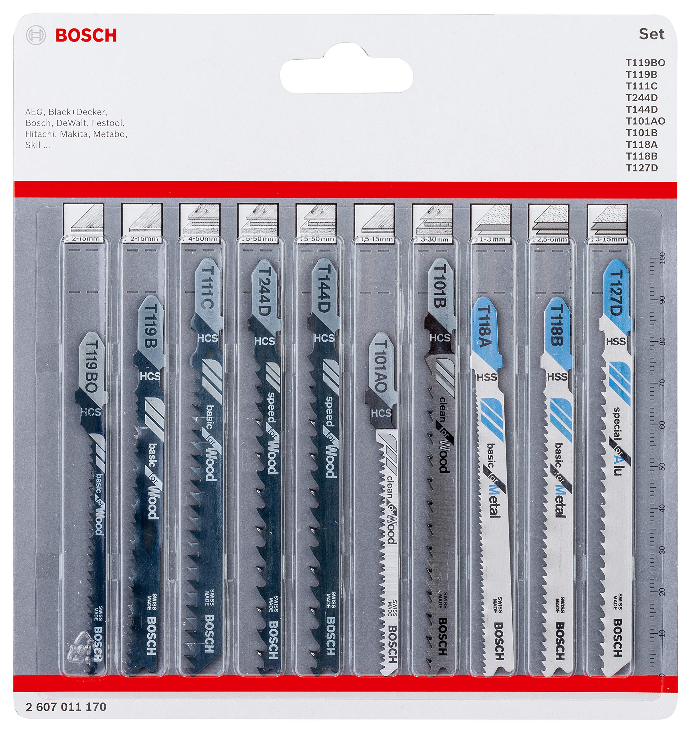 Bosch 10-Piece Jigsaw Blades Set for Wood & Metal - T-Shank