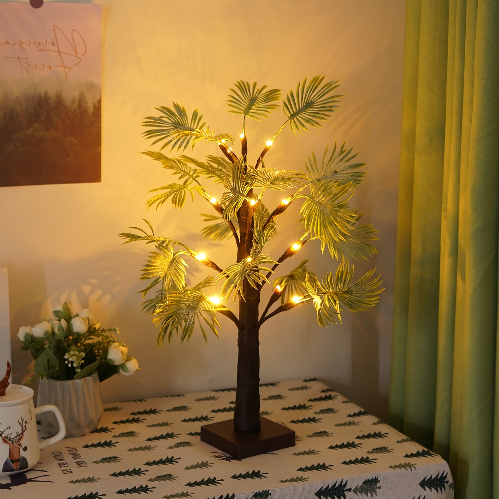 Mini Christmas Tree with LED Lights - USB/Battery Powered Tabletop Palm Tree Lamp with Timer, Holiday Home Decor for Christmas, Parties, Bedroom & Office Decoration