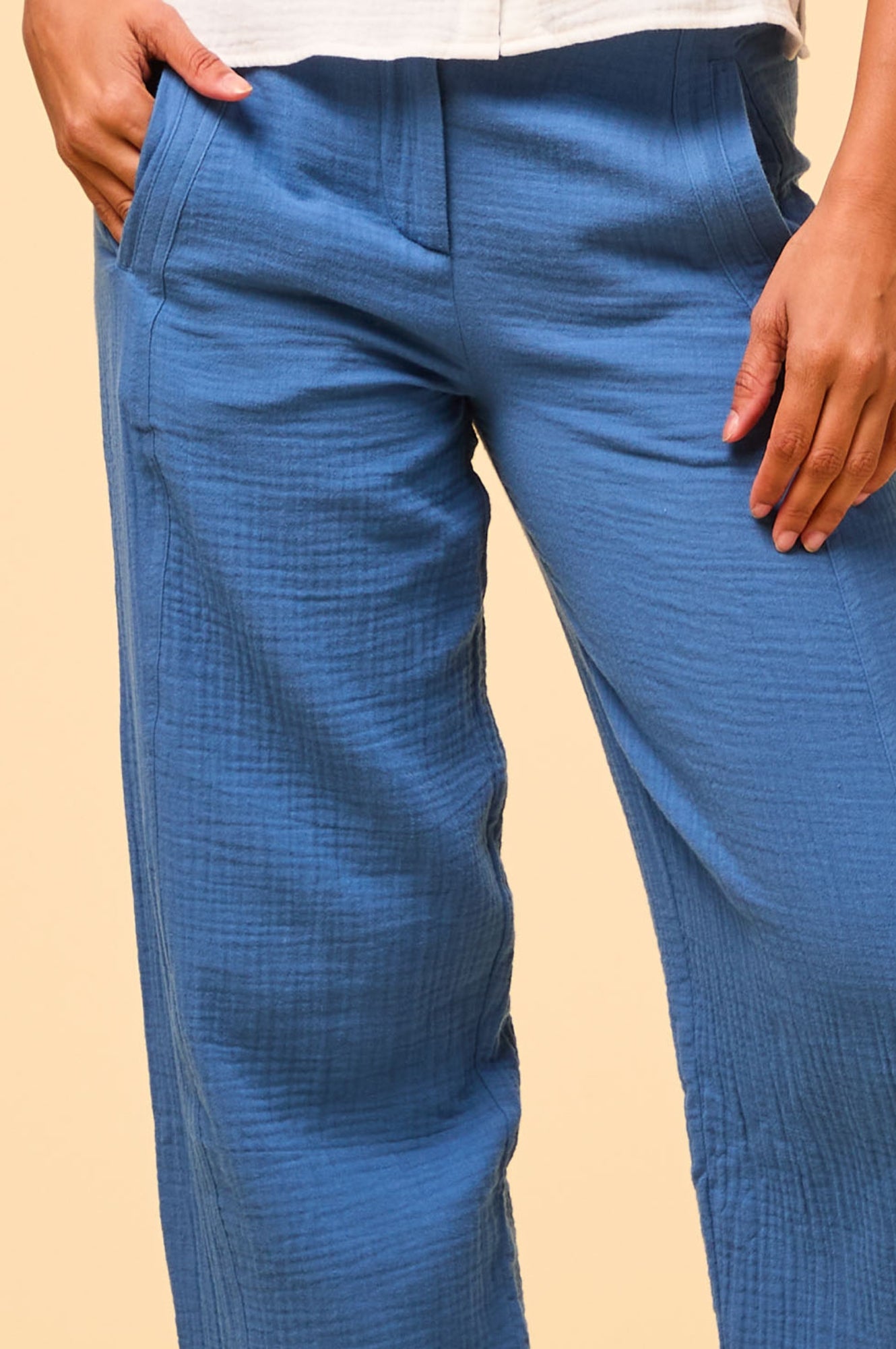 Libby Cheesecloth Trousers for Women - Marina Blue Linen Pants | Comfortable Summer Casual Wear for Beach, Travel & Everyday Outfits