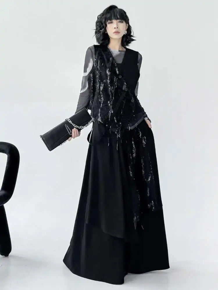 2025 Trendy Women's Big Size Irregular Vest & Sequins Wide Leg Pants Two-Piece Suit - V Neck Sleeveless Outfit for Spring/Autumn Fashion | Perfect for Parties, Date Nights & Special Occasions