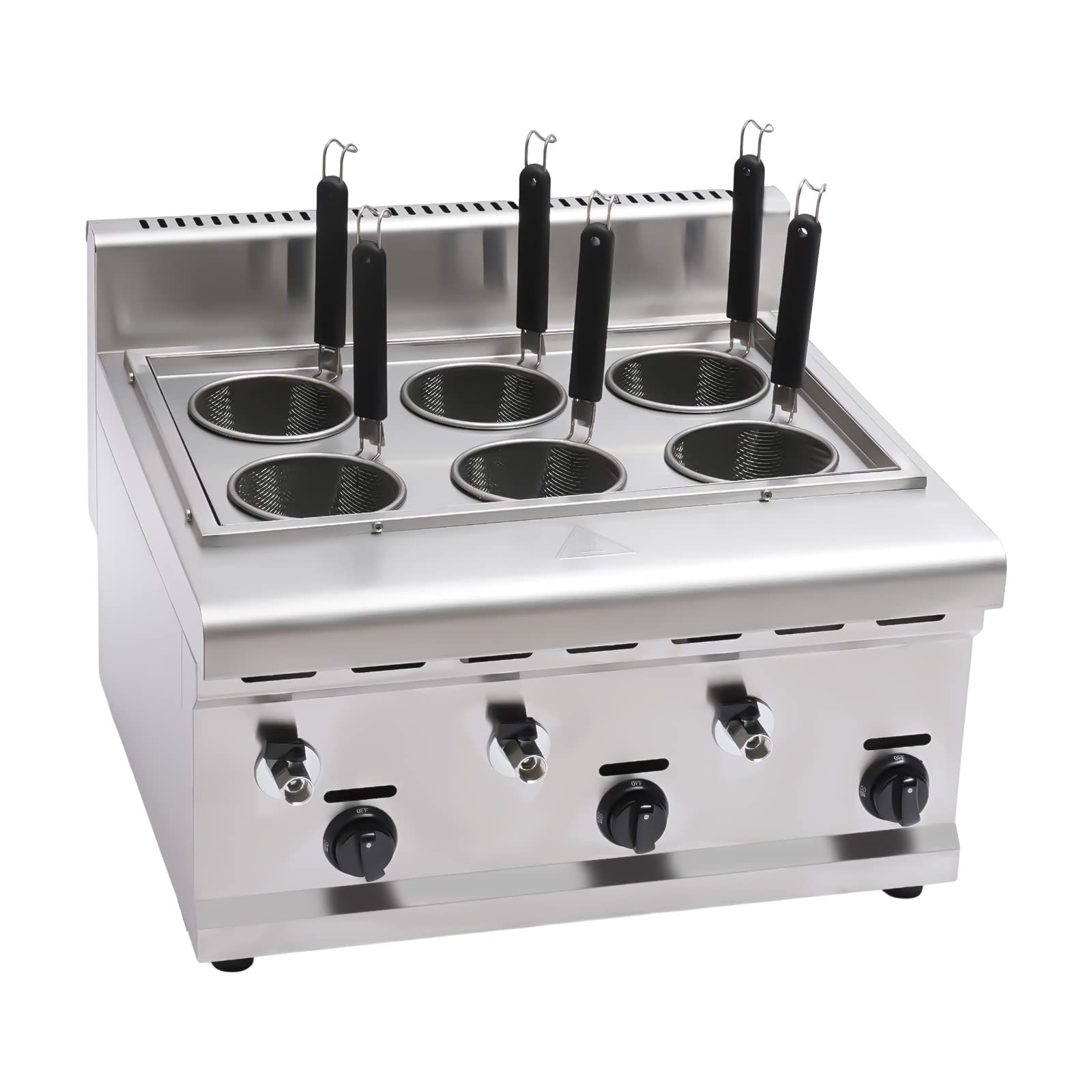 Commercial Pasta Cooker with 6 Strainer Baskets - LPG Gas Noodle Cooking Machine for Restaurants - 3 Compartments & 6 Noodle Filters - Perfect for Pasta, Ramen & Pho Preparation in Commercial Kitchens