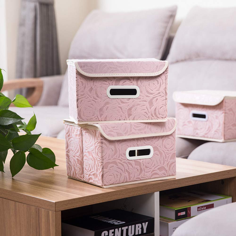 PRANDOM 5-Pack Foldable Fabric Storage Bins with Lids - Decorative Organizer Boxes with Handles & Dividers (9.8x7.9x6.7 Inch, Pink) for Bedroom, Closet, Living Room, Nursery & Office Organization