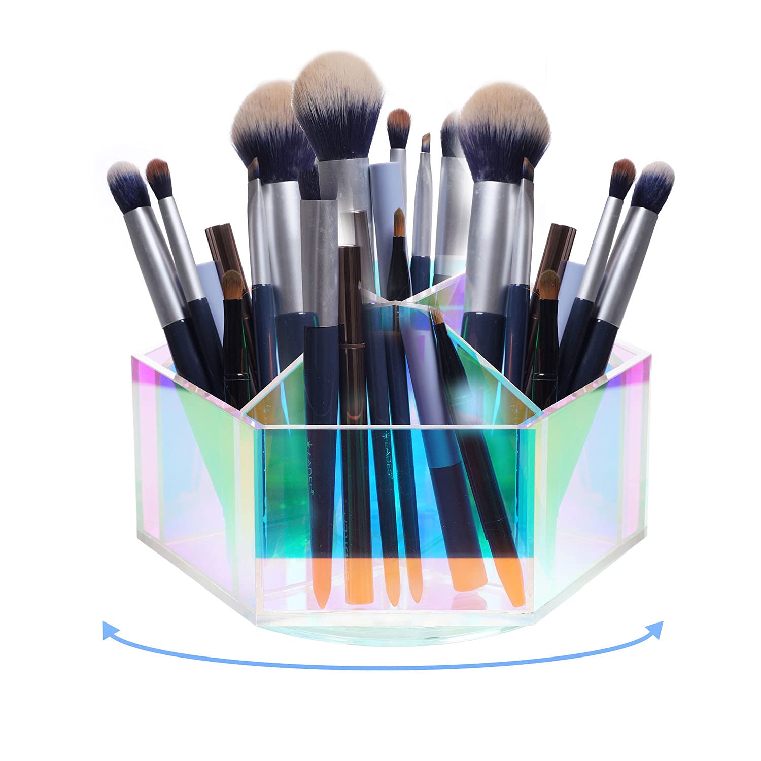 Luxury Makeup Organizer with Spinning Base - Iridescent Makeup Brush Holder & Cosmetic Storage Case for Vanity, Bathroom, Travel (Rose Gold) - Perfect for Makeup Artists and Beauty Enthusiasts