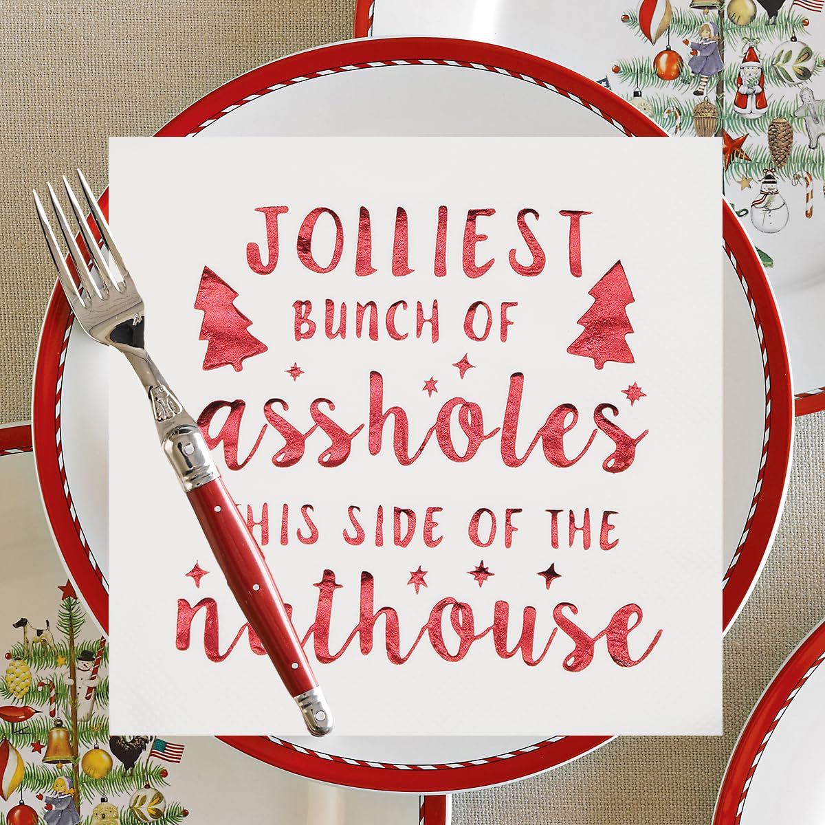 Jolliest Bunch of A-Holes Christmas Napkins - 50-Pack Red Foil 5x5 Inch Holiday Party Napkins | National Lampoon's Christmas Vacation Themed Decor | Perfect for Xmas Parties, Family Gatherings & Festive Decorations