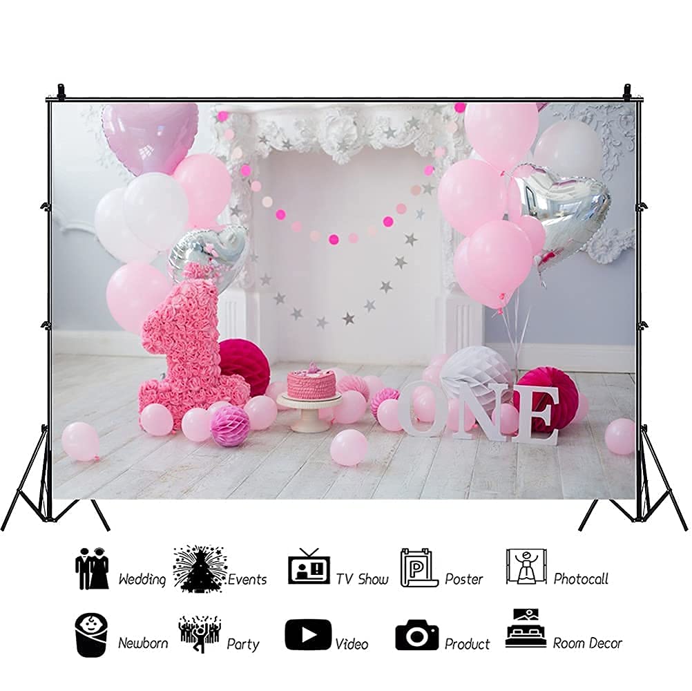 Leowefowa 7x5ft Pink Balloons & Paper Flowers Backdrop for Baby Girl's 1st Birthday Party - Photography Background, Cake Smash Photo Studio Props - Perfect for First Year Celebrations, Birthday Decorations & Photo Shoots