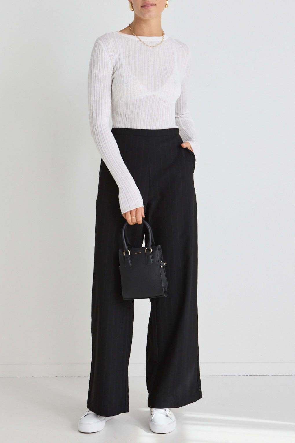 Best Life Women's Black Pinstripe Wide Leg Pants - High Waisted Office Trousers for Work & Business Casual Outfits