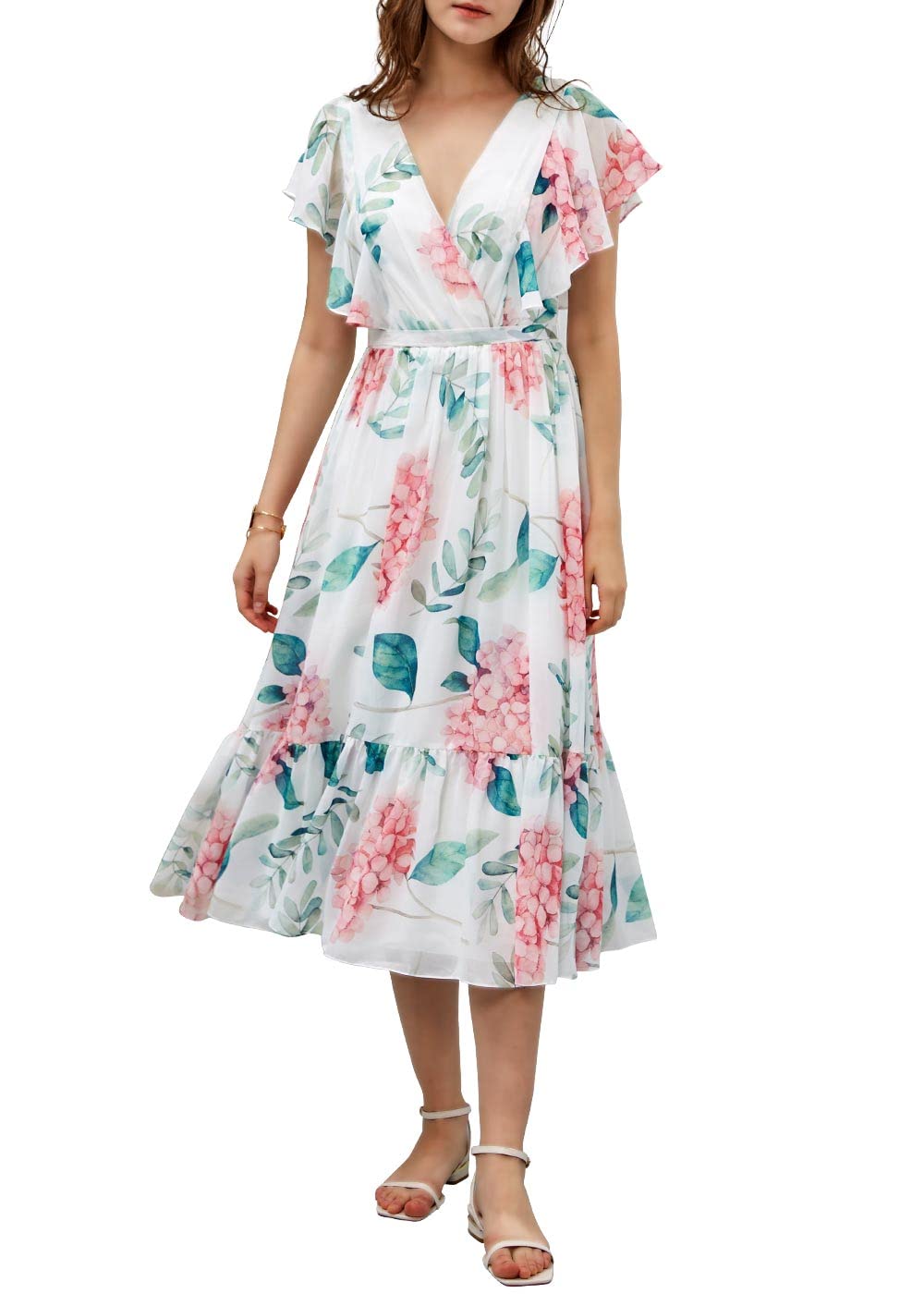 MissJophiel Women's Ruffle Short Sleeve V-Neck Midi Dress - Wedding Guest, Mother of the Bride, Cocktail Party & Casual Wear Elegant Flowy Gown for Special Occasions