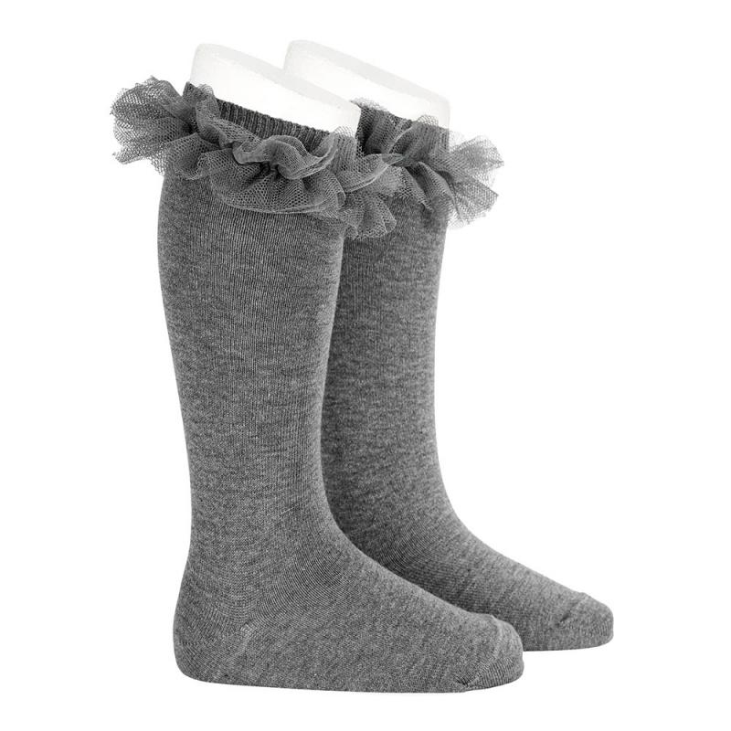 Light Grey Tulle Knee High Socks for Women - Soft Lace Sheer Dress Socks for Cosplay, Ballet, Party & Vintage Outfits