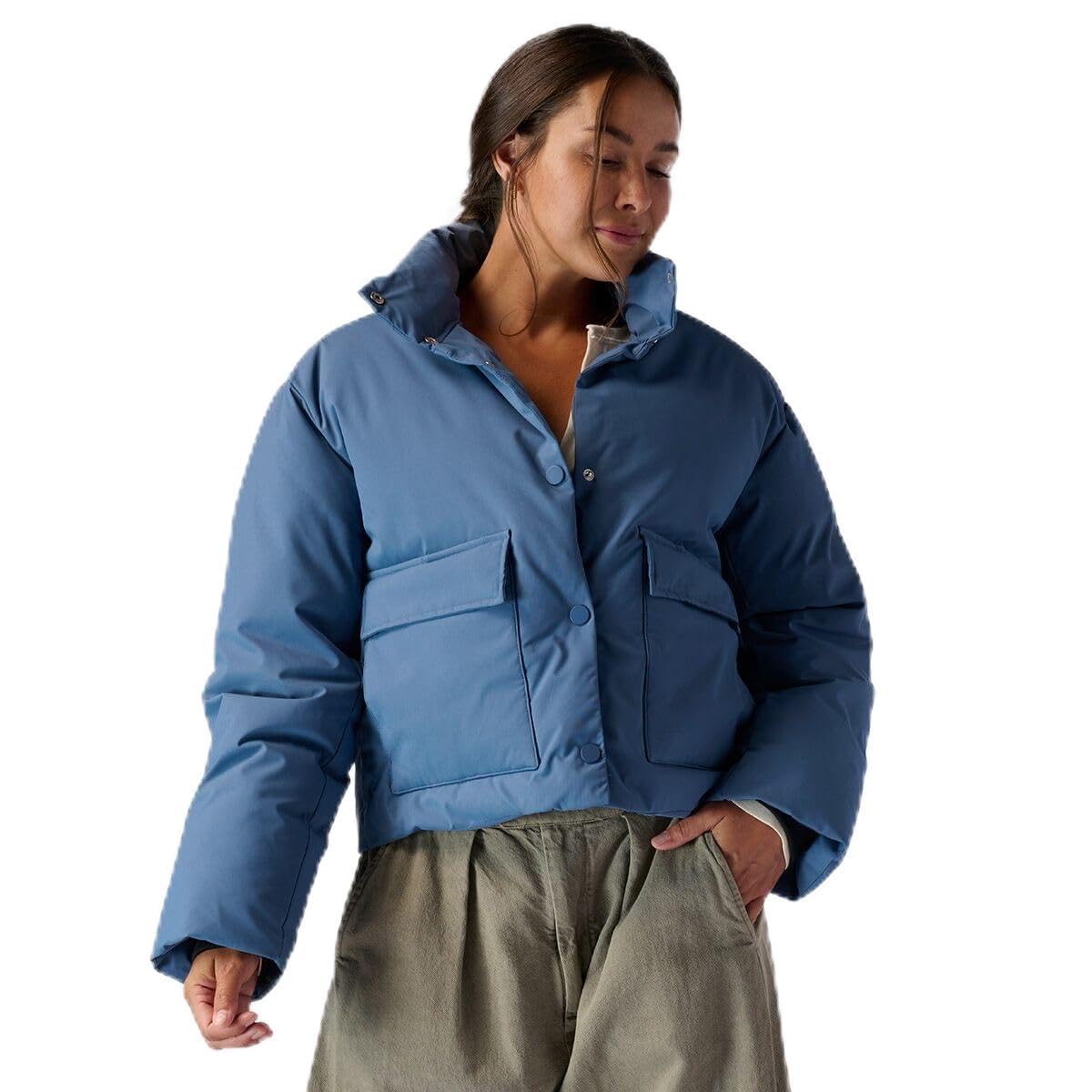 Stoic Women's Cropped Boxy Snap Front Puffer Jacket - Stylish Winter Outerwear for Casual Outings & Urban Adventures
