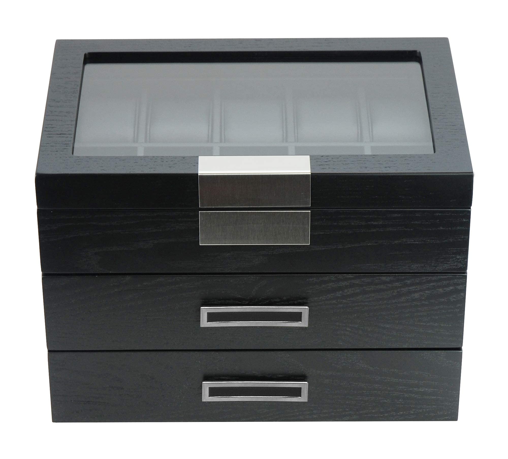 Premium 30-Slot Black Ebony Wood Watch Display Case with Glass Top - 3-Tier Jewelry Organizer with Stainless Steel Accents & 2 Drawers - Perfect for Watch Collections, Jewelry Storage & Retail Store Displays